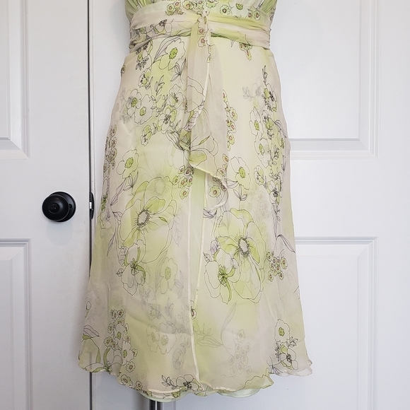 David Meister Yellow Green Silk Floral Halter Ruffle 90s Y2K Dress 4 - Picture 5 of 12